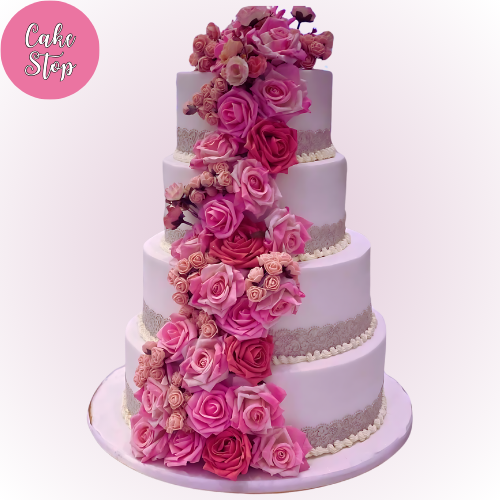 Pink Rose Cascade Wedding Cake (4 Tier)