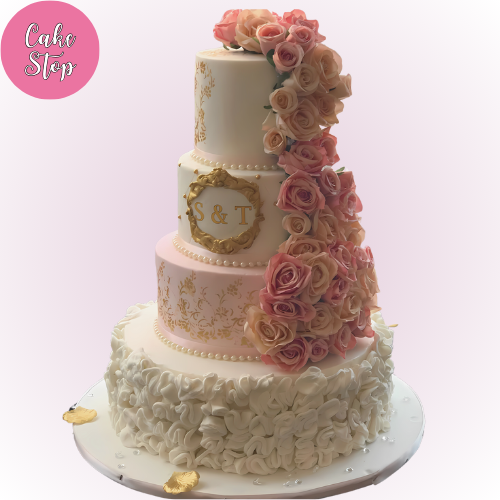 Golden Romance Rose Cascade Wedding Cake (4 Tier)