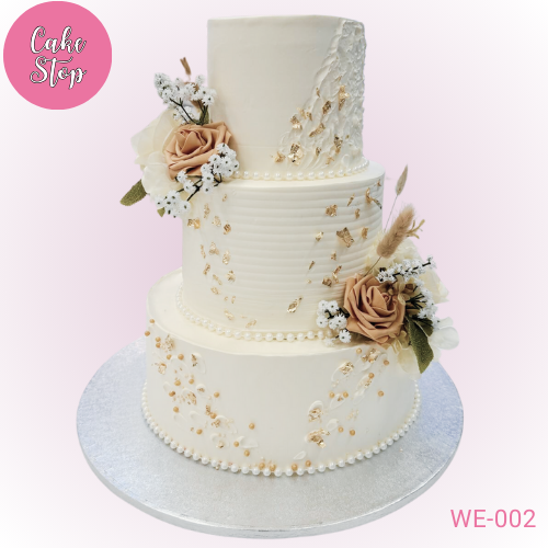 Gold & Pearl Floral Lace Wedding Cake (3 Tier)